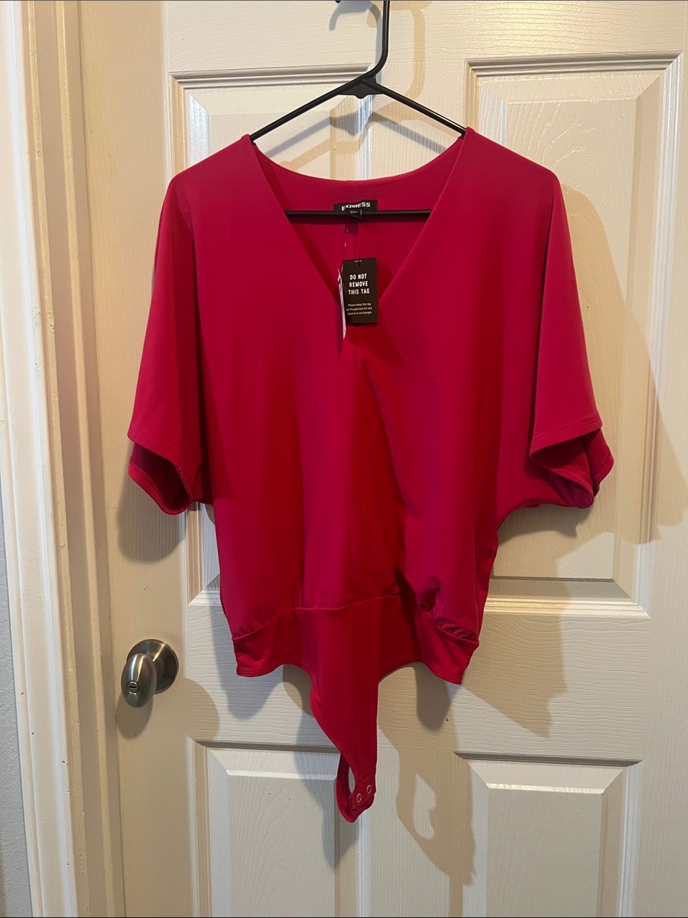 Express Hot Pink V-Neck Short Sleeve Bodysuit